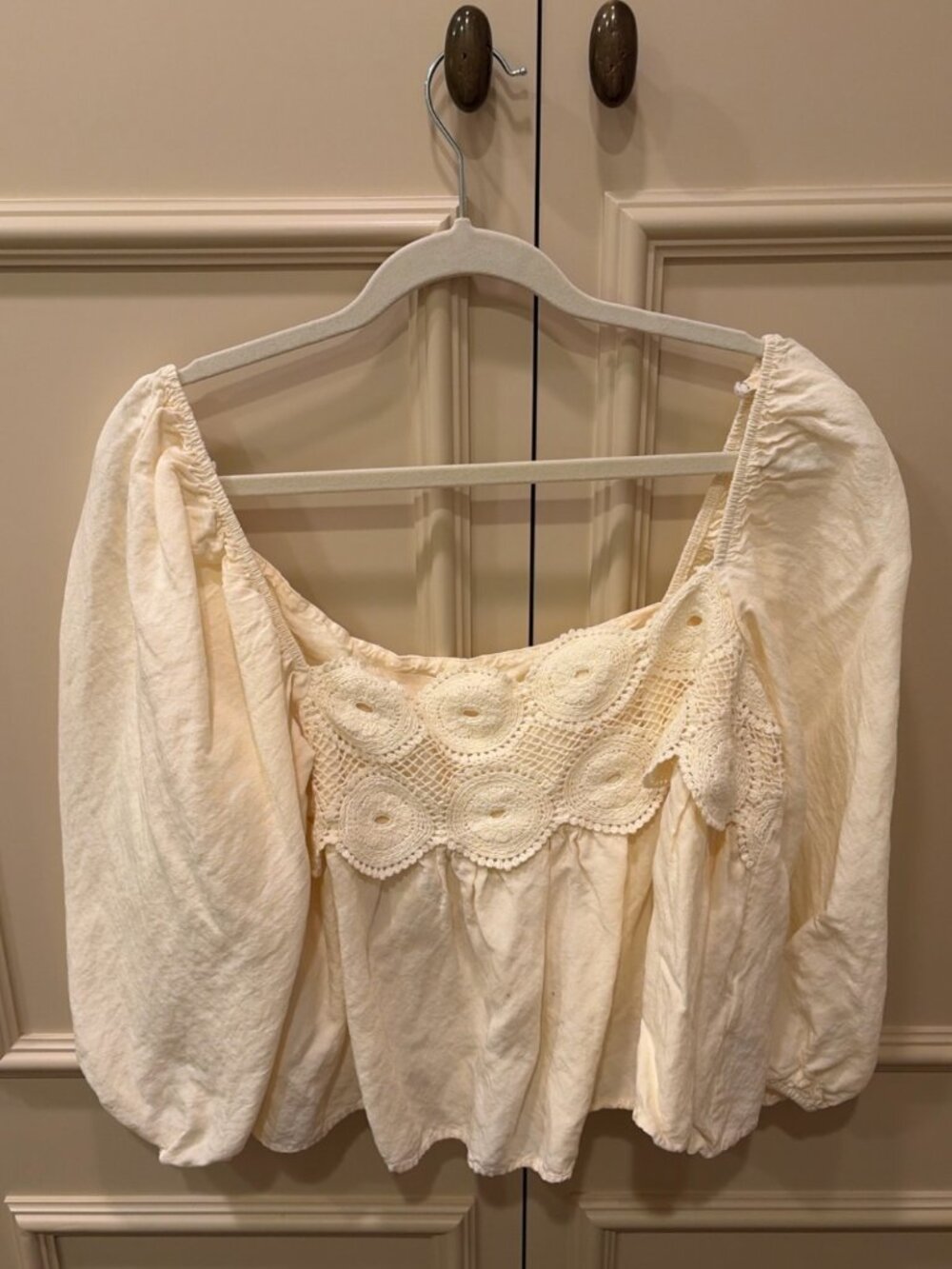 Anthropologie Ivory Crochet Medallion Puff Sleeve Boho Blouse XL